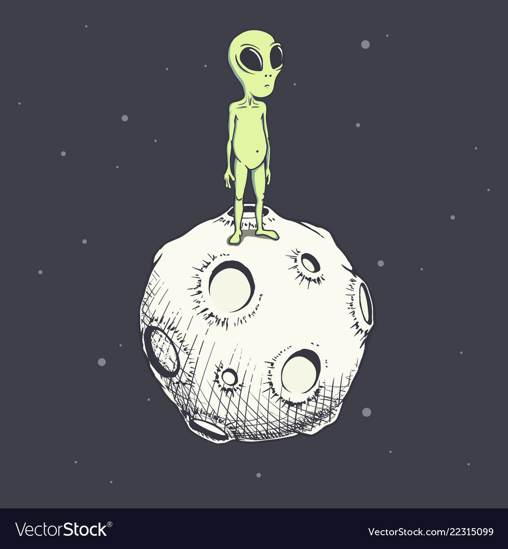 Alien stands on the moon Royalty Free Vector Image