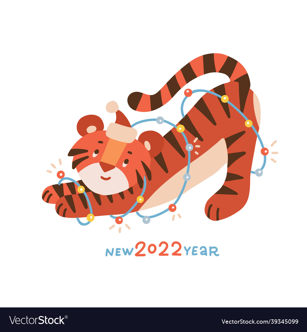 Cute baby tiger with sparkling garland 2022 year