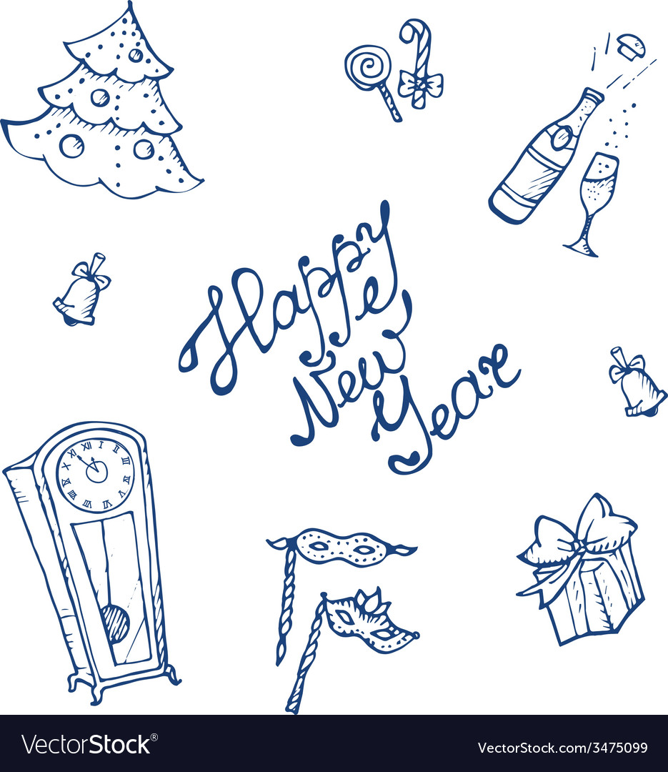 Doodle new year elements set in sketch style Vector Image