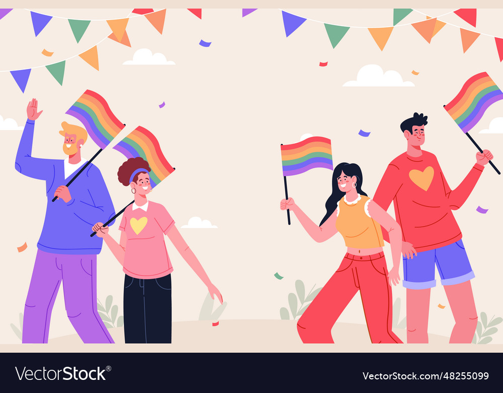 Flat pride month background with people holding