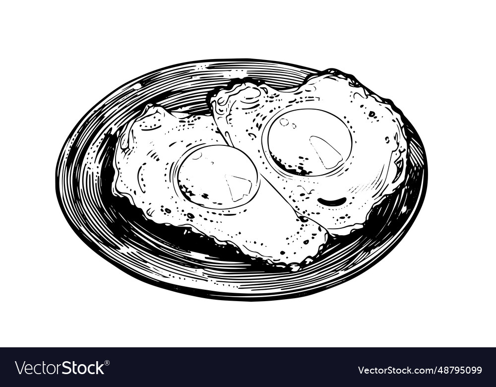 Fried egg on a plate hand drawn ink sketch