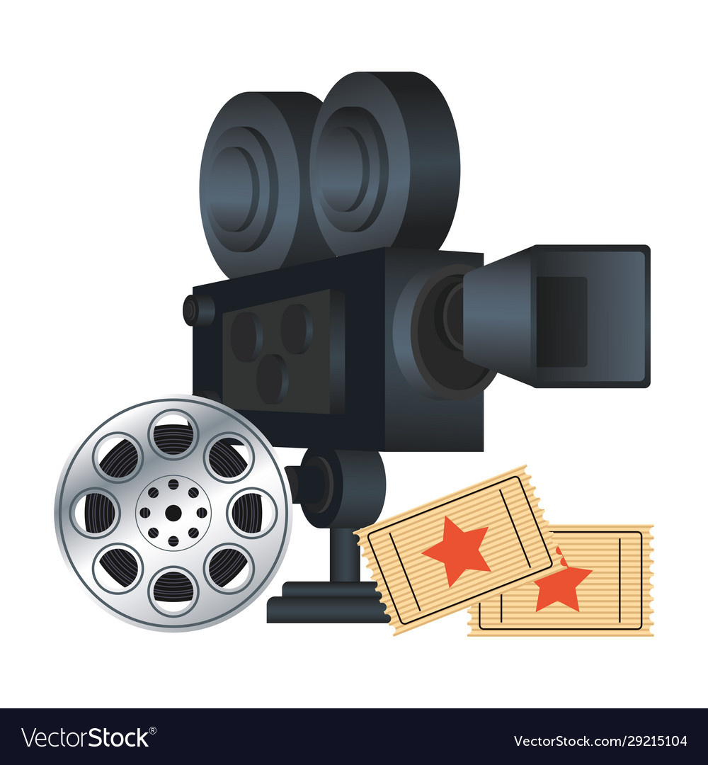 Cinema camera with film reel and movie tickets