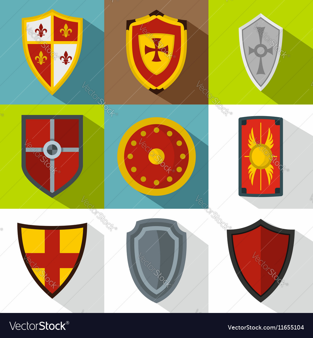 Military shield icons set flat style Royalty Free Vector