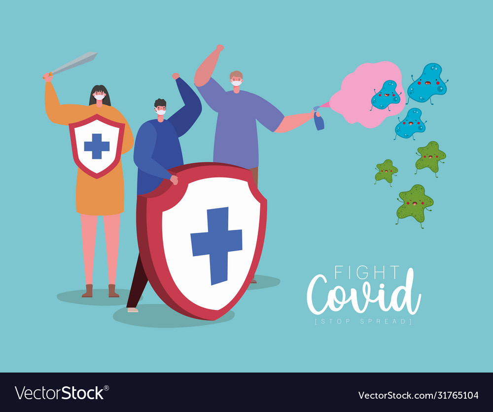 People with masks shield sword and spray fight Vector Image