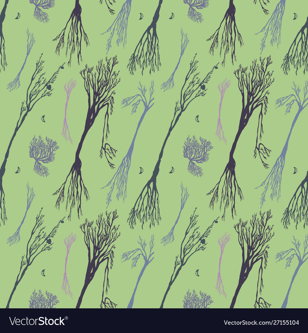 Trees seamless pattern on a green background hand vector image Trees seamless pattern on a green background hand