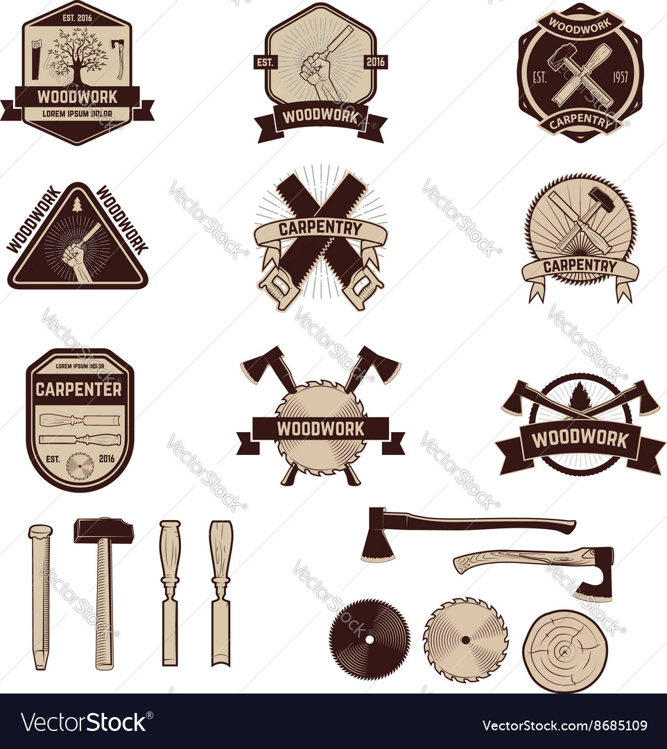 Set carpentry labels and emblems woodworks Vector Image