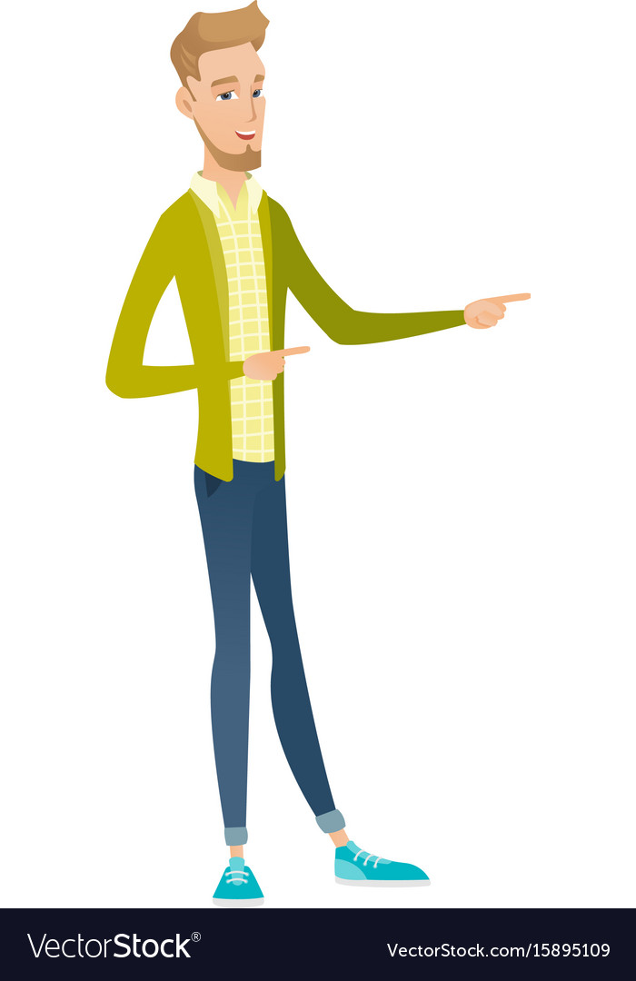 Young caucasian businessman pointing to the side Vector Image