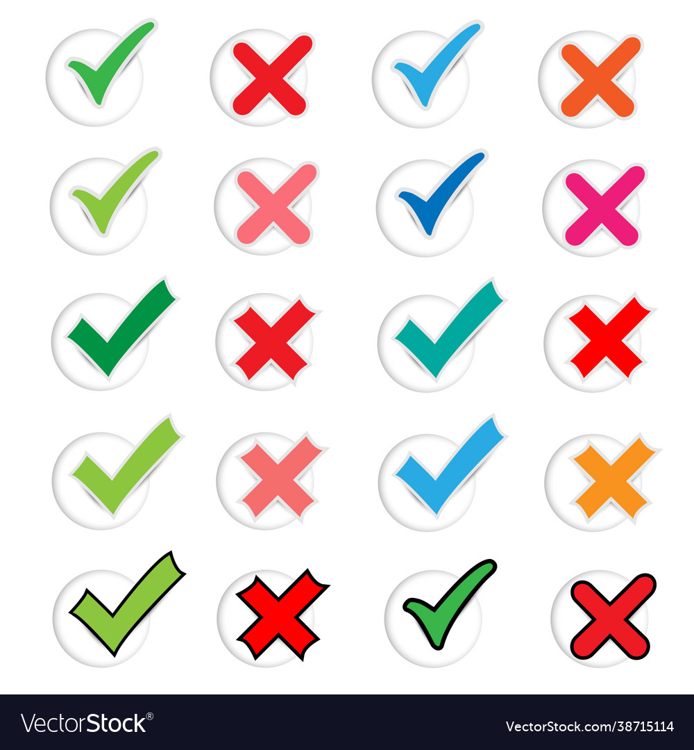 Brightly colored check right and wrong marks in wh