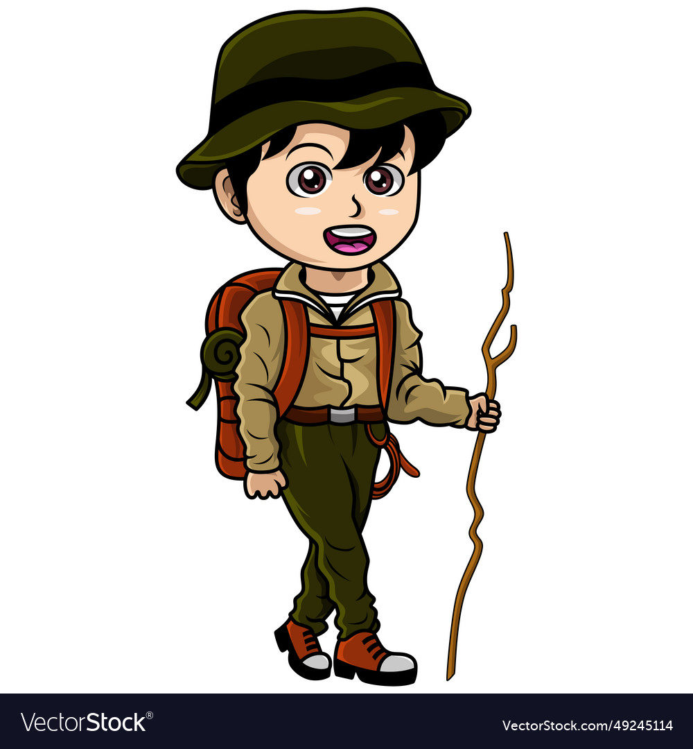 Cartoon hiker boy with walking stick Royalty Free Vector