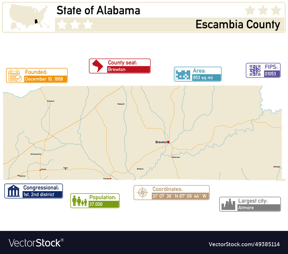 Detailed infographic and map of escambia county Vector Image