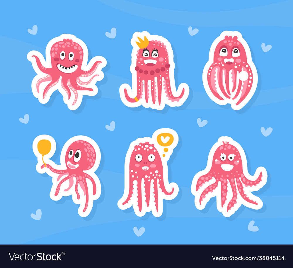 Octopus Aufkleber Kollektion süß lustig rosa vector image Octopus Aufkleber Kollektion süß lustig rosa