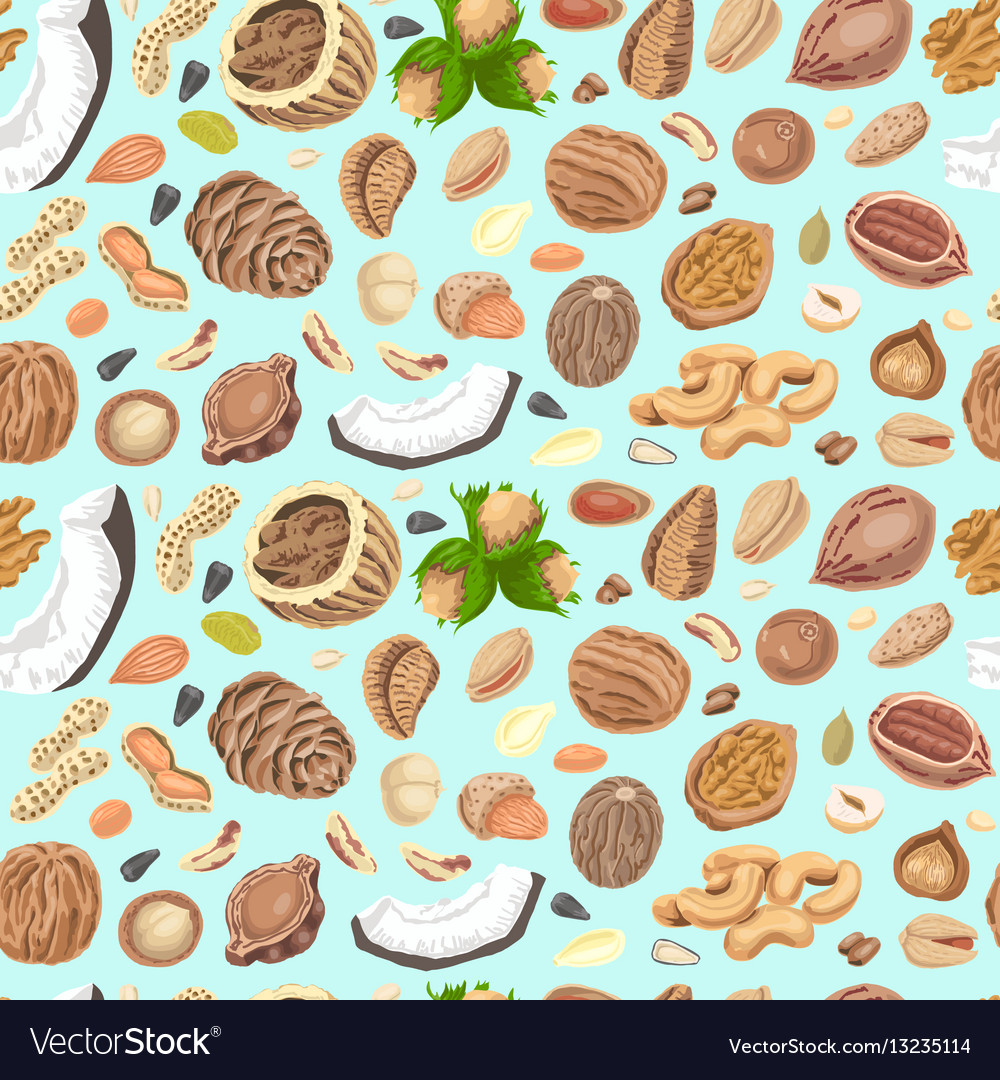 Seamless pattern with colored nuts and seeds