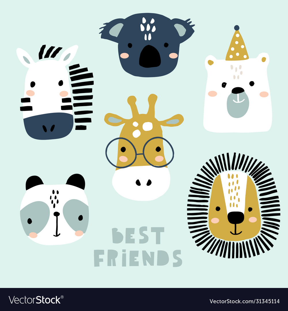 Set cute animal faces creative animal print Vector Image