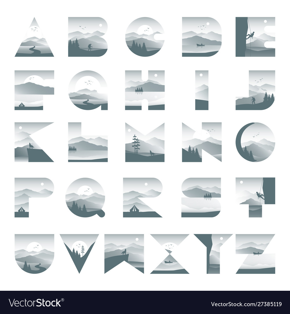 Alphabet landscape with silhouette mountain Vector Image