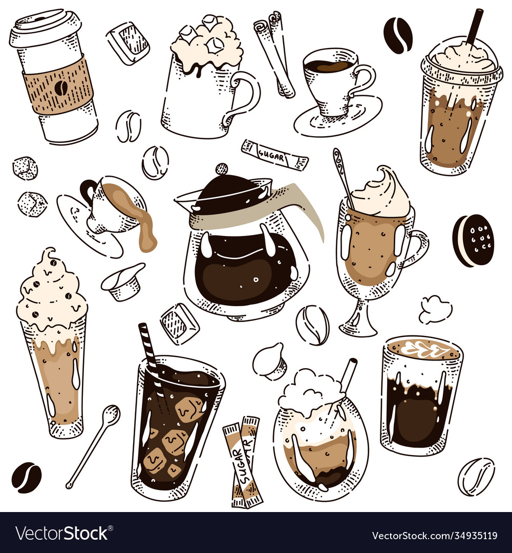 Different coffee kind hand drawing layout