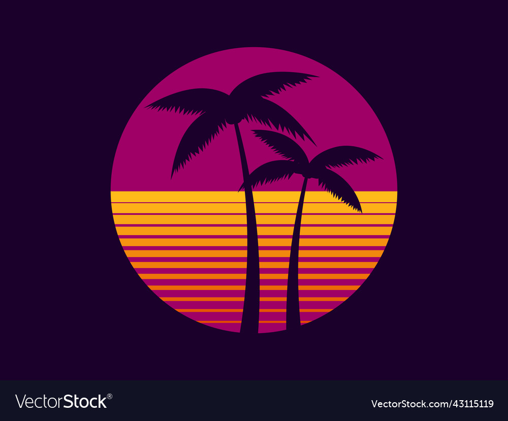 Palm trees at sunset in the style of the 80s Vector Image