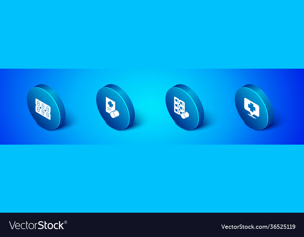 Set isometric pills in blister pack map pointer vector image Set isometric pills in blister pack map pointer