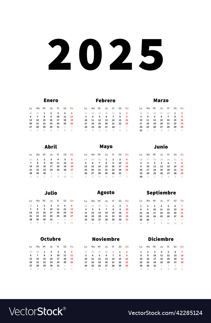 2025 year simple vertical calendar in spanish Vector Image