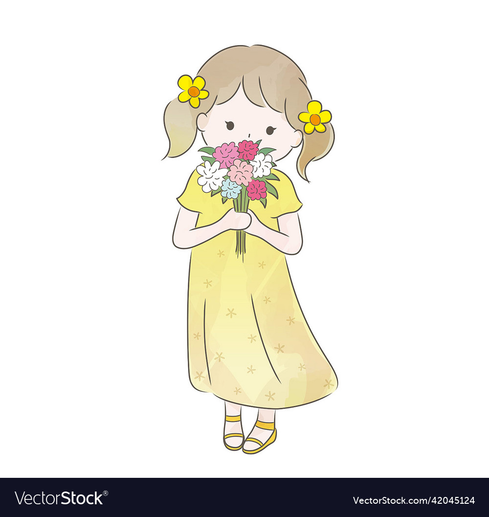 A cute girl holding flower bouquet Royalty Free Vector Image