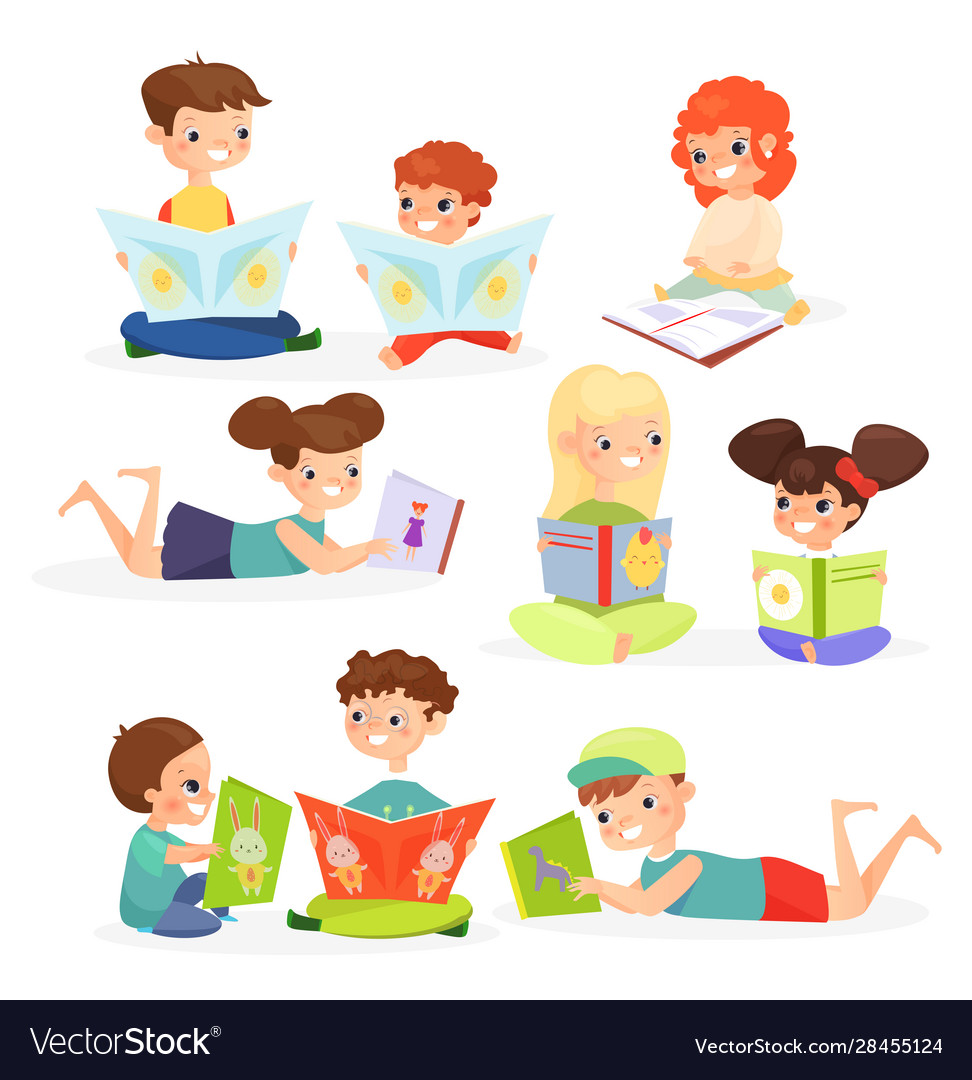 Children reading books flat Royalty Free Vector Image