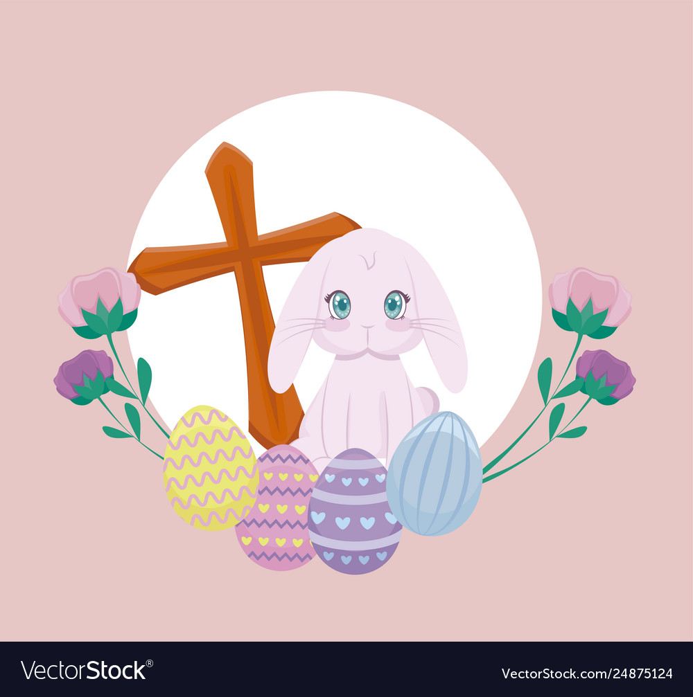 Cute Rabbit With Eggs Easter And Cross Catholic Vector Image