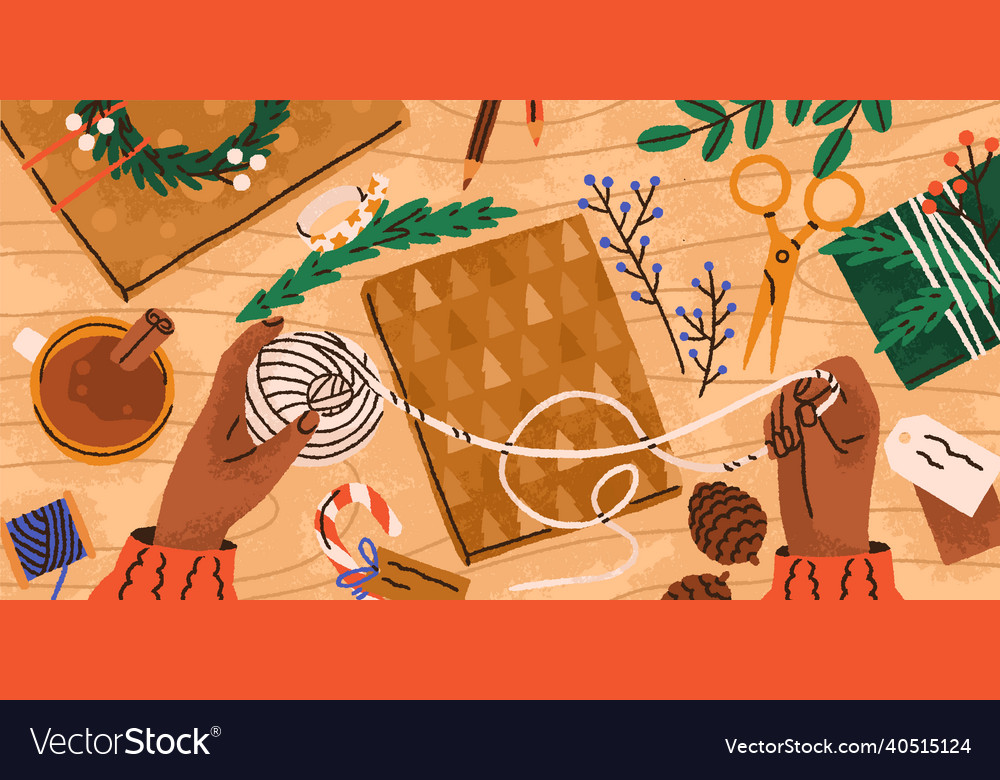 Hands preparing diy christmas gift with box vector image Hands preparing diy christmas gift with box