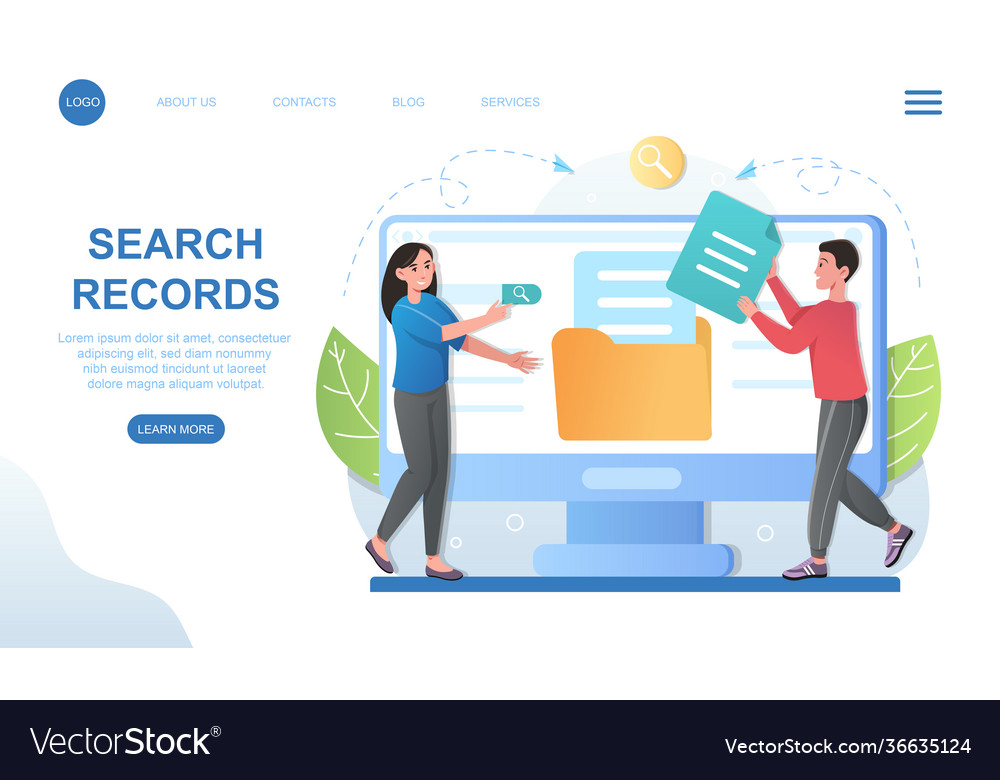 Male and female characters searching for records vector image Male and female characters searching for records
