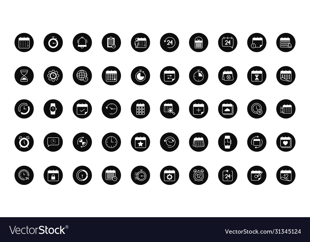 Time and calendar icon set block style vector image Time and calendar icon set block style