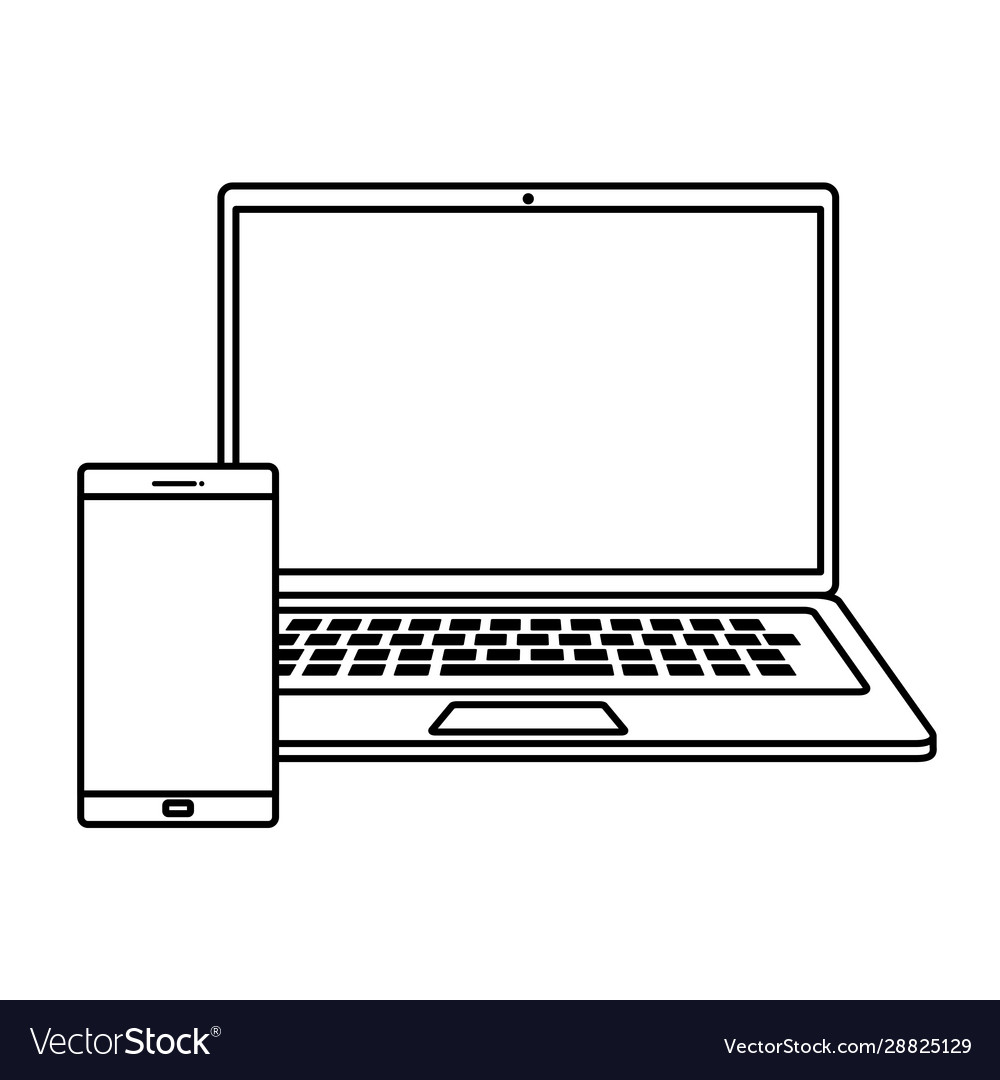 Laptop computer with smartphone line style icon