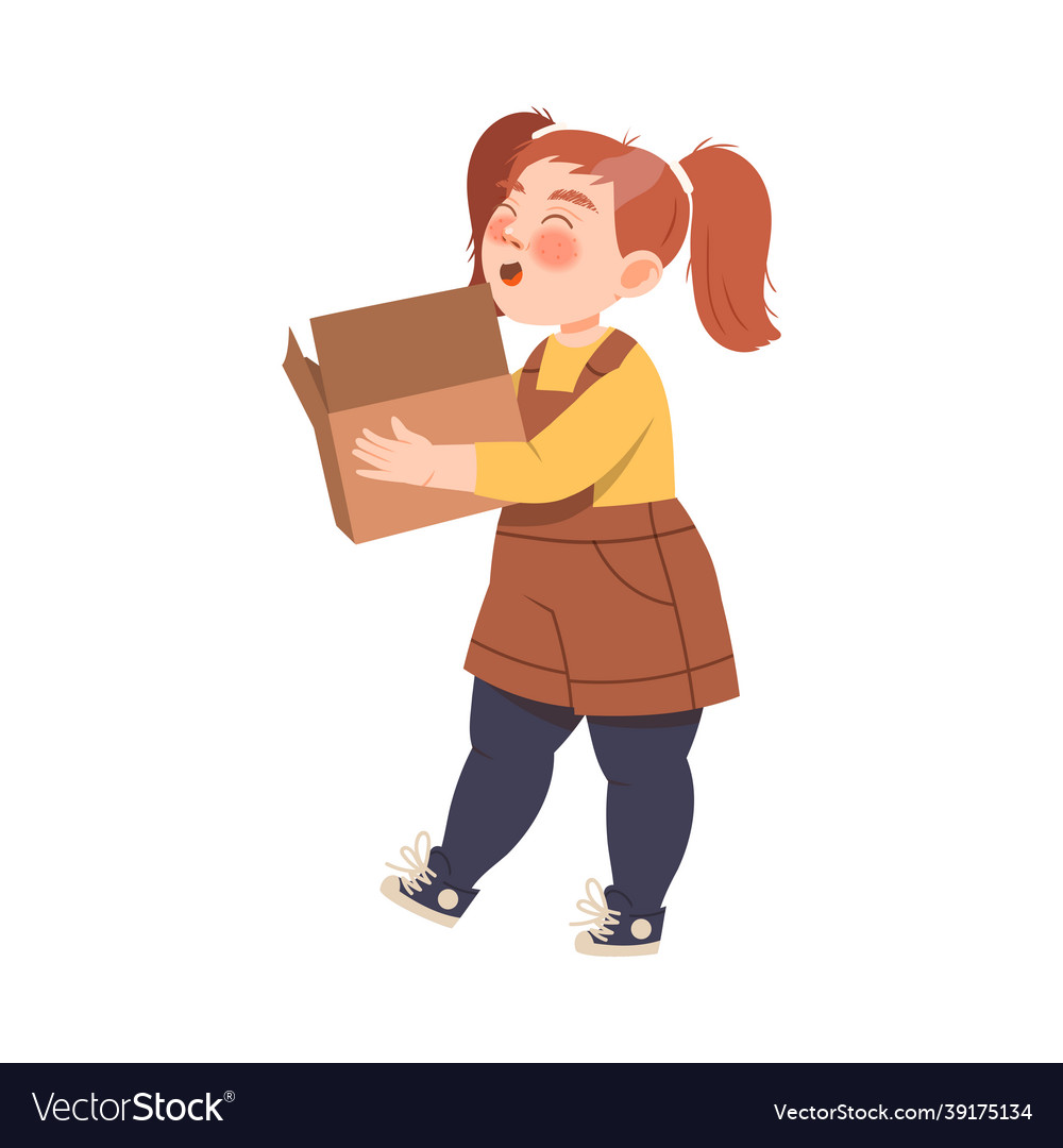 Little girl with ponytail carrying cardboard box