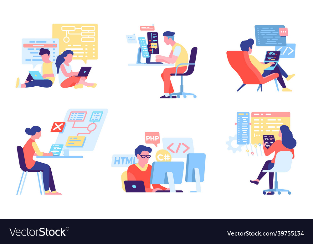 Programmers people developers at workplace html vector image Programmers people developers at workplace html