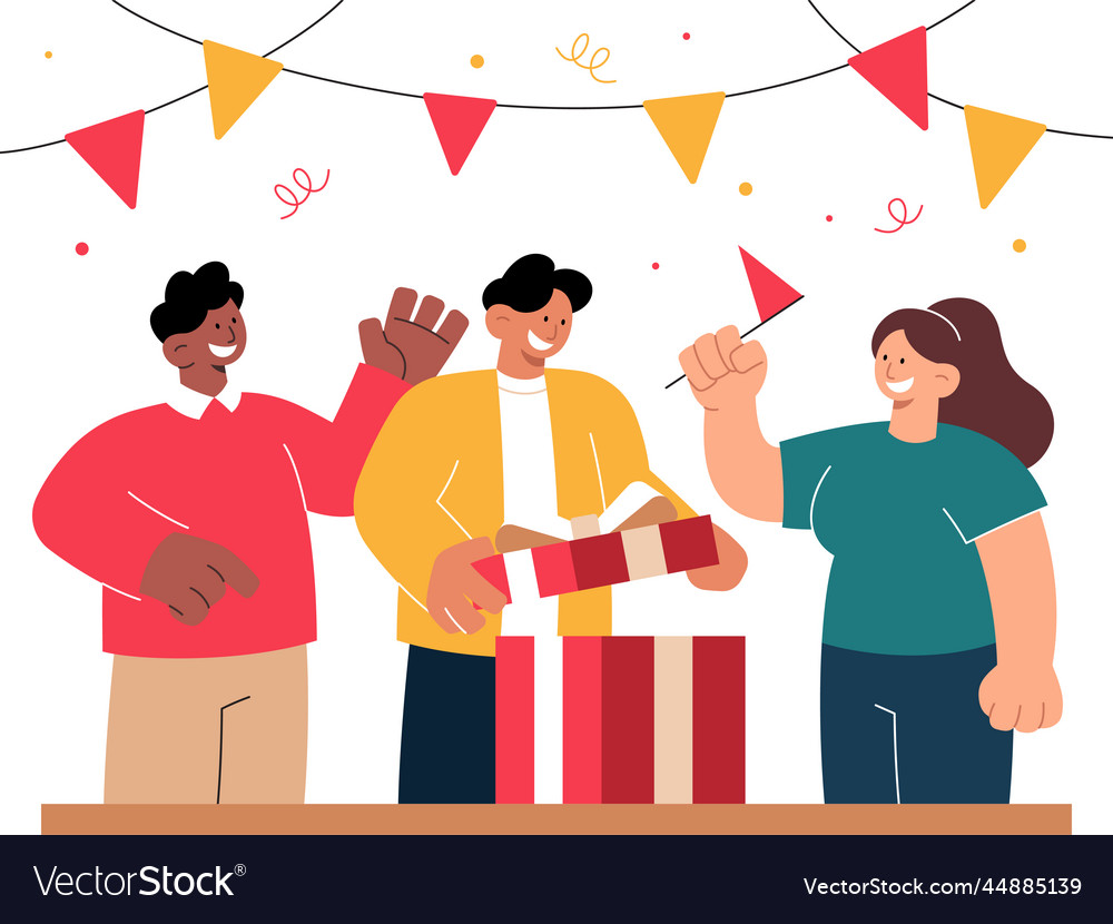 Menschen entwrapping Geschenk in flach vector image Menschen entwrapping Geschenk in flach