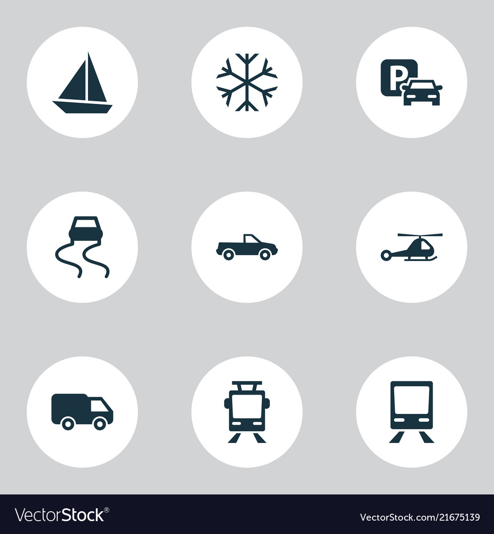 Transport icons set with slippery way pickup van