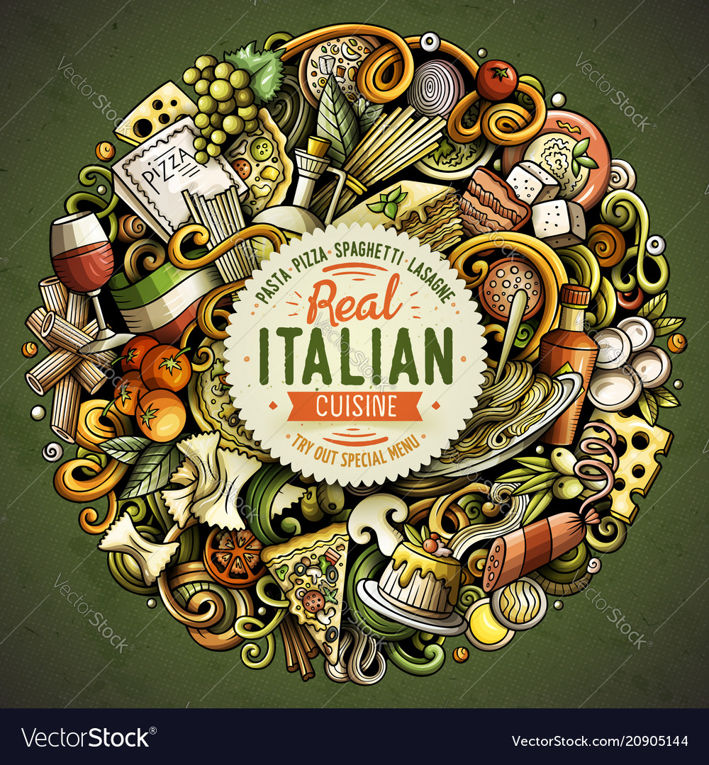 Cartoon doodles italian food Royalty Free Vector Image