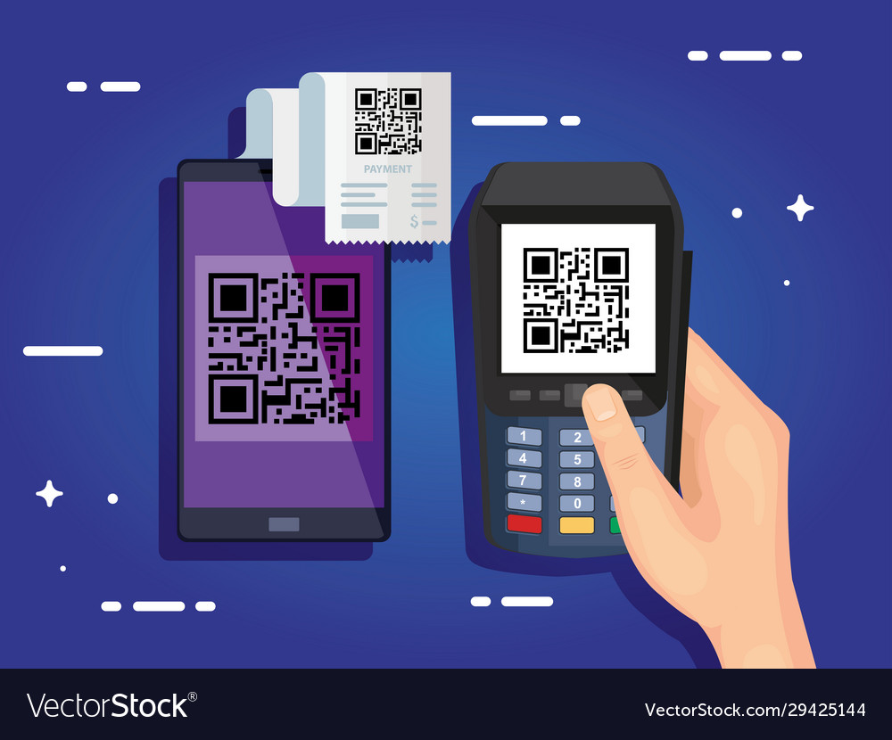 Hand using dataphone with scan code qr vector image Hand using dataphone with scan code qr
