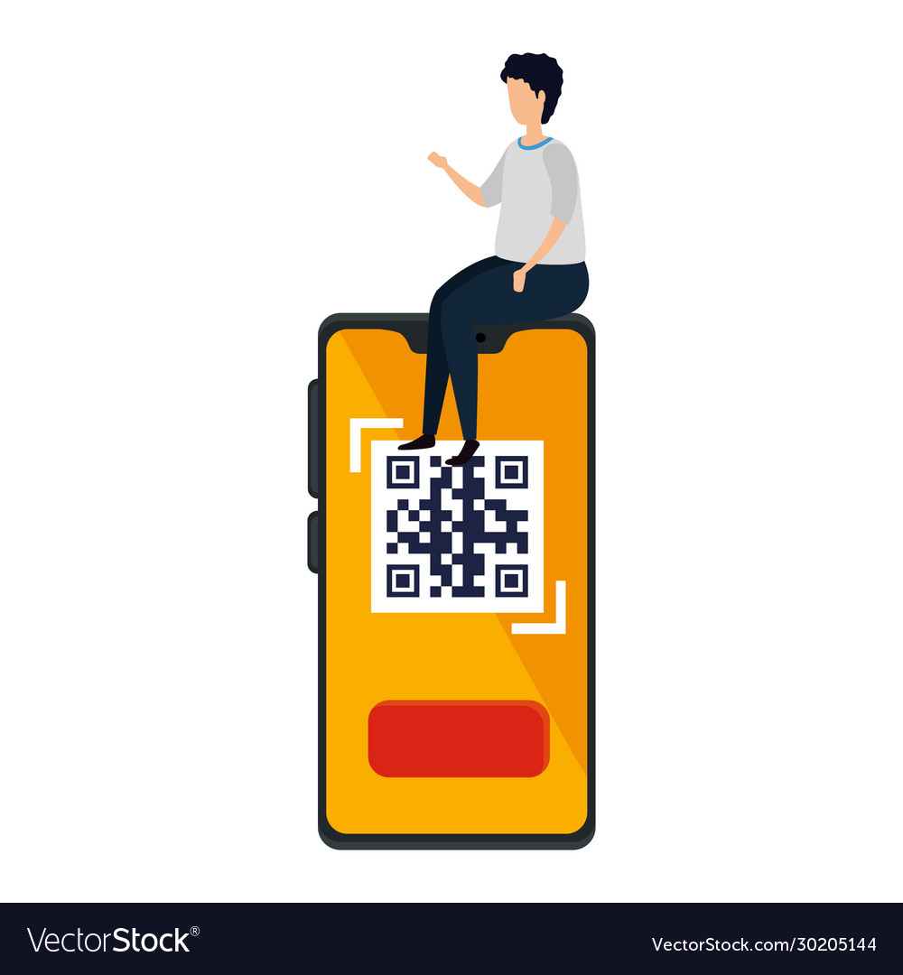 Man and smartphone device with scan code qr