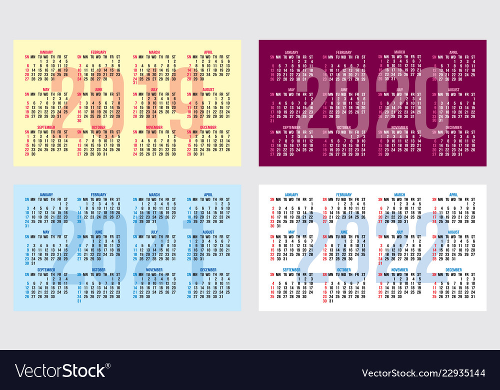 Set of calendar grid for years 2019-2022