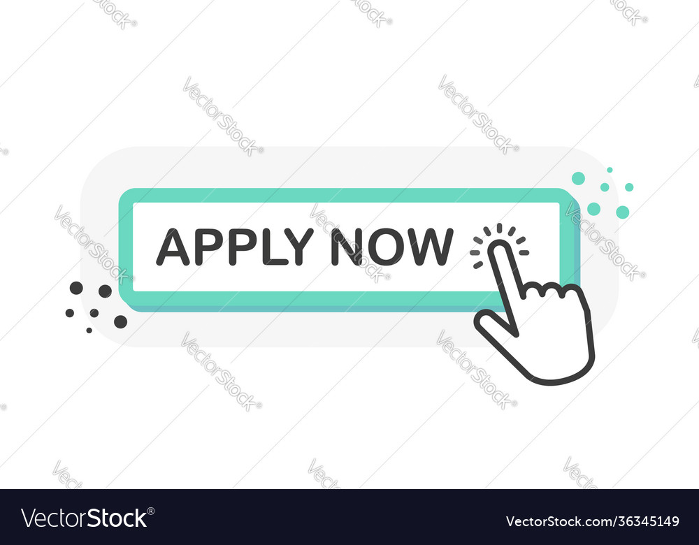 Apply now green 3d button with hand pointer vector image Apply now green 3d button with hand pointer