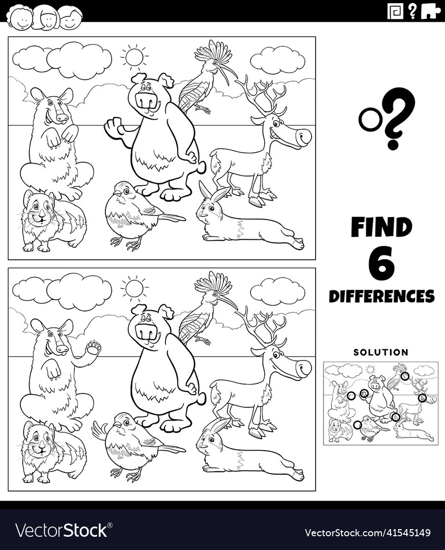 Differences game with cartoon animals coloring Vector Image