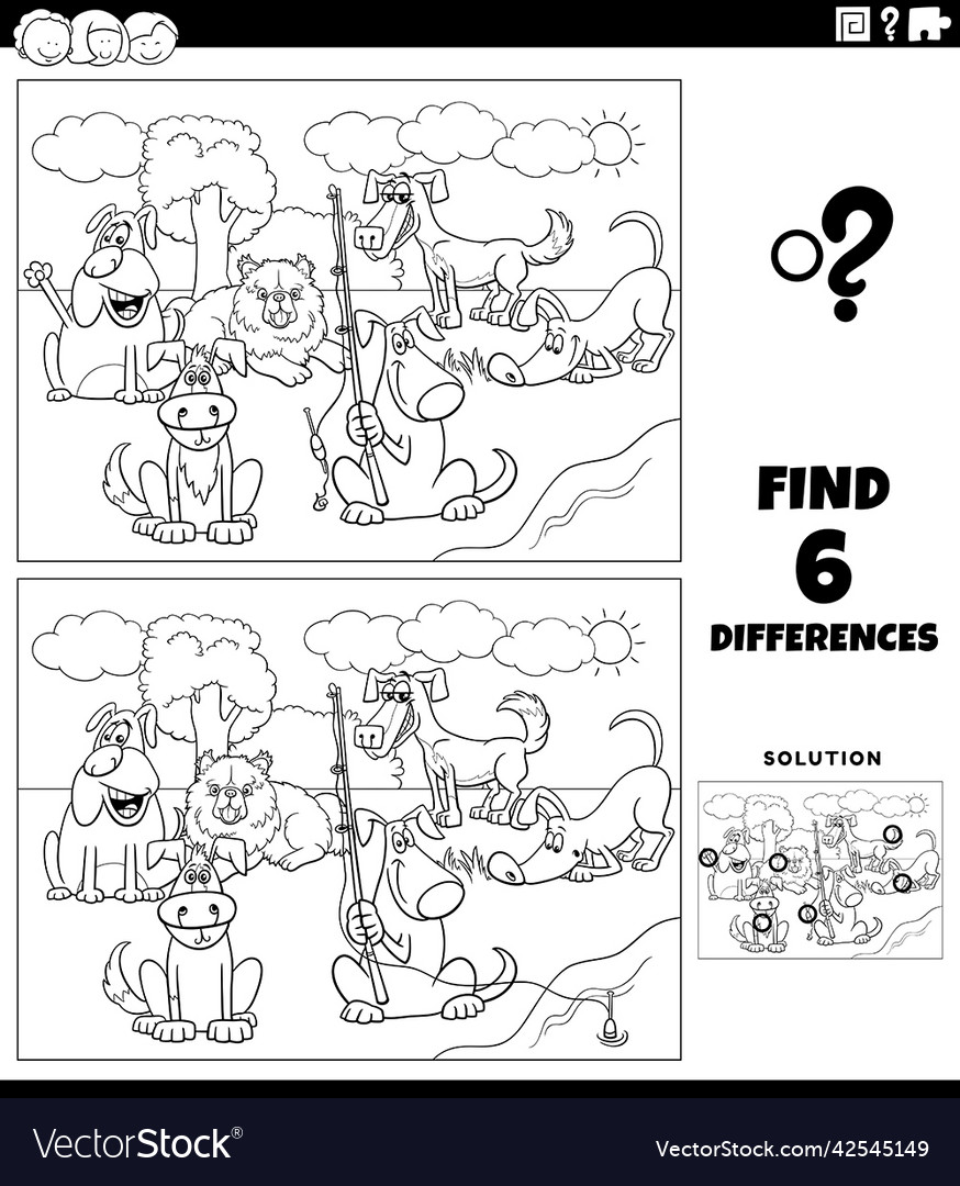 Differences Game With Cartoon Dogs Coloring Book Vector Image