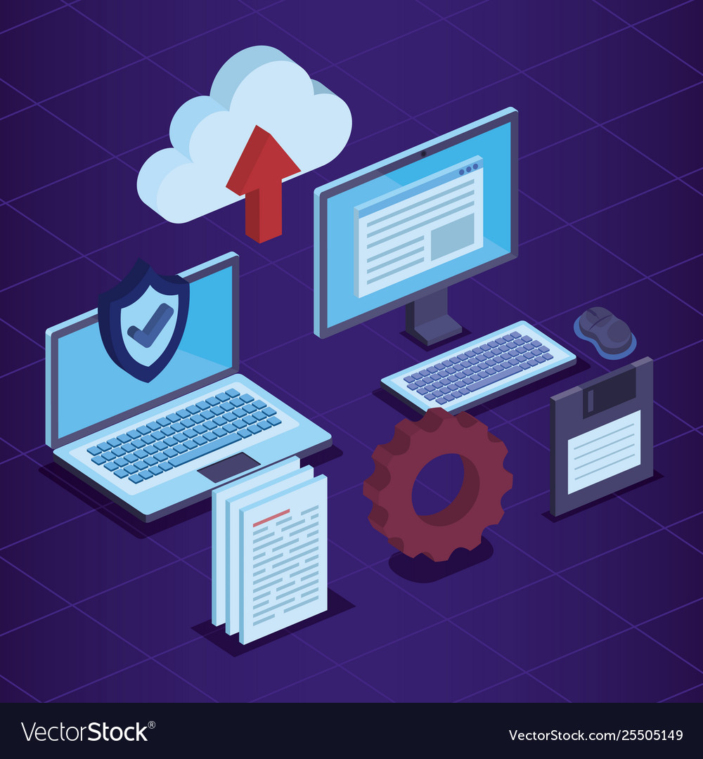 Laptop and computer with shield security document vector image Laptop and computer with shield security document