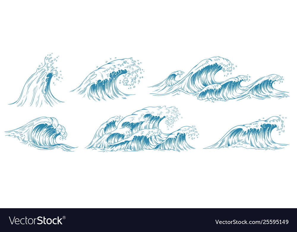 Sea Waves Sketch Storm Wave Vintage Tide And Vector Image