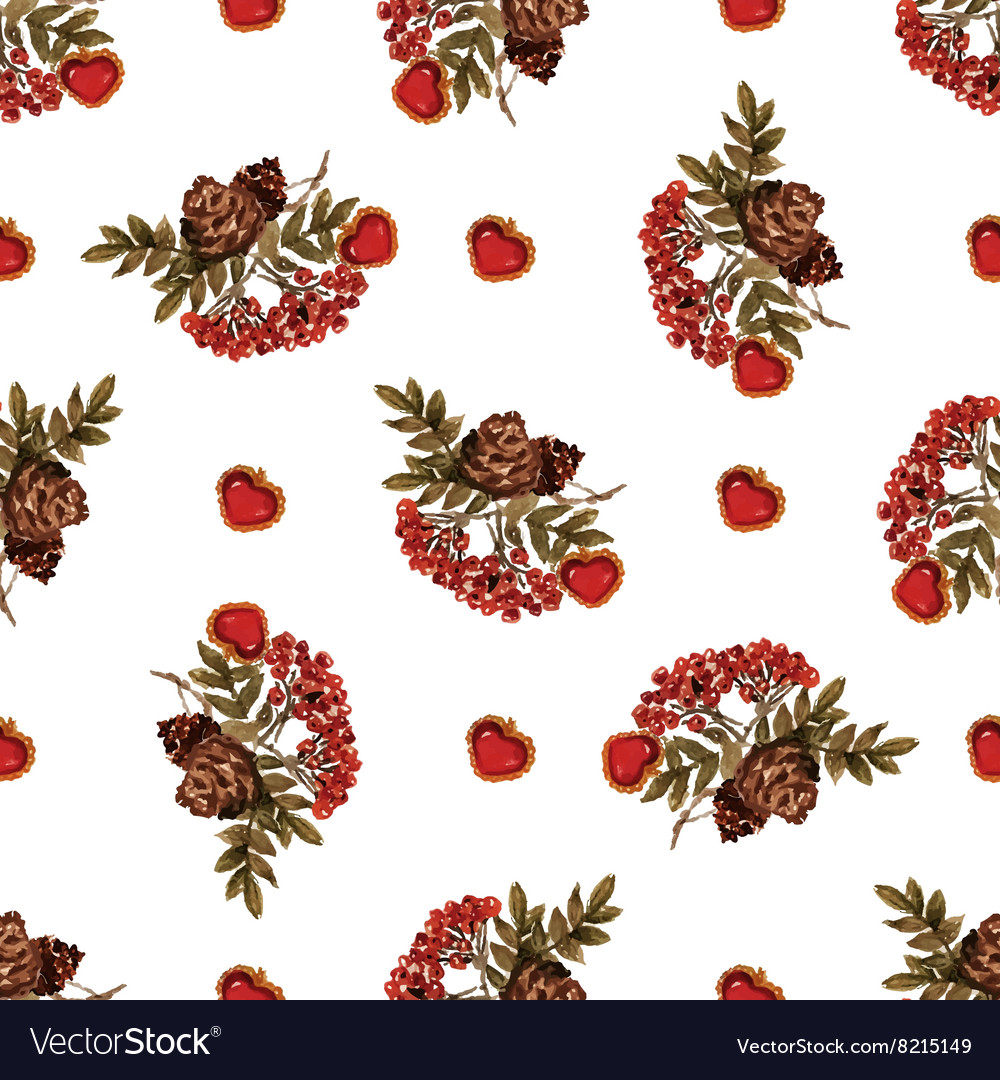 Seamless pattern with rowan and cones hearts