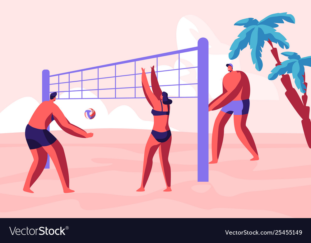 Teenagers team playing beach volleyball on coast Vector Image