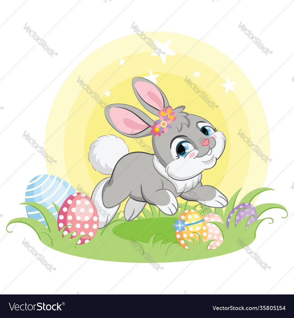 Gray easter bunny character with easter eggs Vector Image