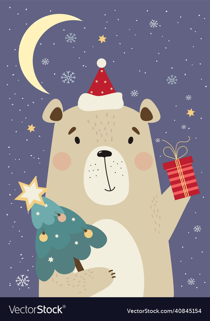 Greeting card with cute bear in santa hat