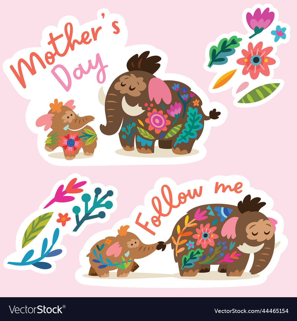 Lovely stickers set baby mammoth following her vector image Lovely stickers set baby mammoth following her
