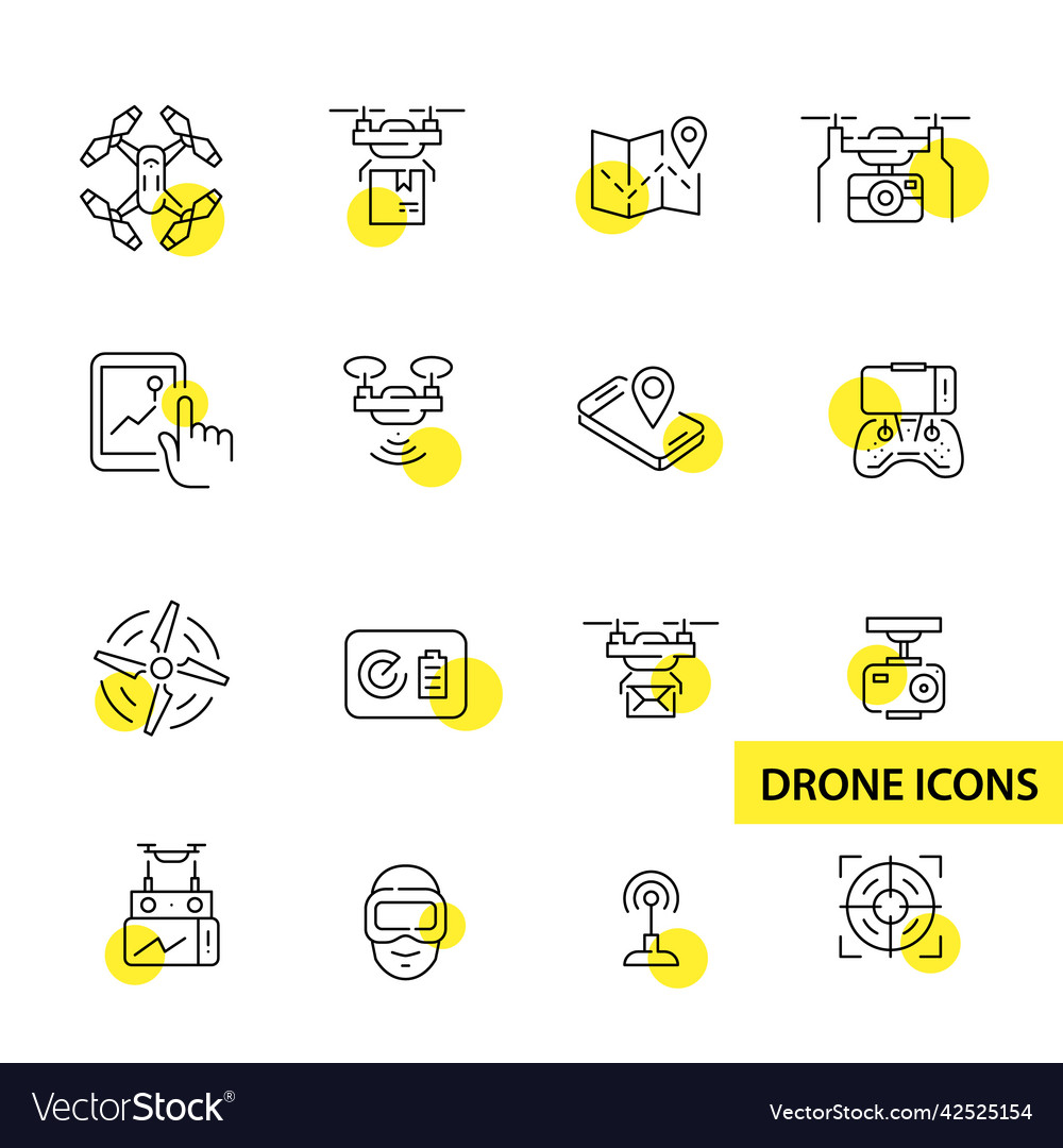 Set of drone related line art icons control vr