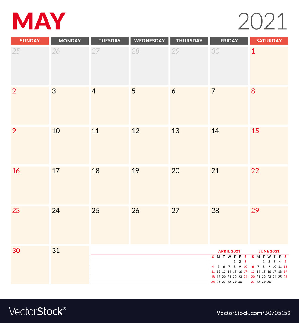 Calendar template for may 2021 business monthly Vector Image