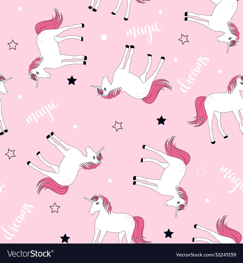 Cute unicorn and magic icons seamless pattern